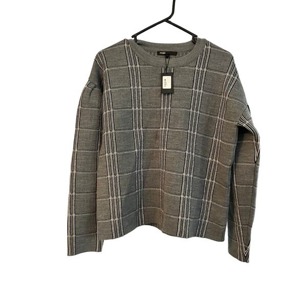 NWT Maje Gray Mission Grid Jacquard Knit Pullover Sweater Women's Size 1 - Picture 1 of 4